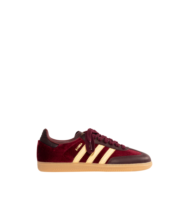 Image 1 of 5 - RED - ADIDAS Samba OG Sneaker featuring a luxe velvet and smooth leather upper, regular fit, lace closure, three stripes, synthetic lining and rubber outsole.