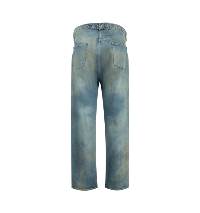Image 2 of 3 - BLUE - A.Presse Men's Wide Denim Trousers are crafted from 100% cotton denim and feature a relaxed wide-leg silhouette enhanced by a washed treatment for a distinctive lived-in character. Designed with classic denim construction, the trousers develop unique variations in appearance, texture, and sizing through the specialized washing process. Finished with iron tack buttons that naturally evolve with wear, this style reflects A.Presse's commitment to authentic vintage-inspired craftsmanship.