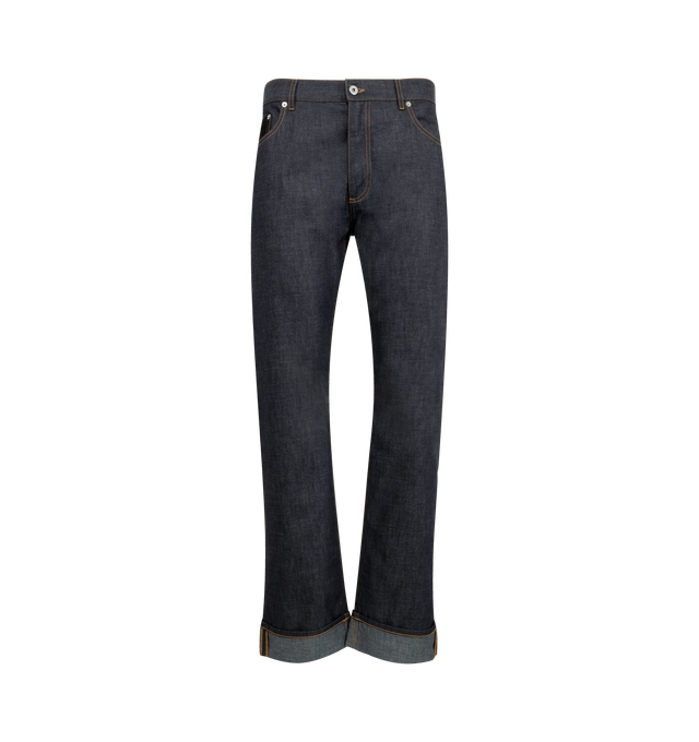 Image 1 of 3 - BLUE - BOTTEGA VENETA Rinsed Indigo Wide Leg Jeans featuring turned up hem in lightweight rinsed indigo washed denim, an Intrecciato suede back patch, wide leg and button fly. 100% cotton. Made in Italy.