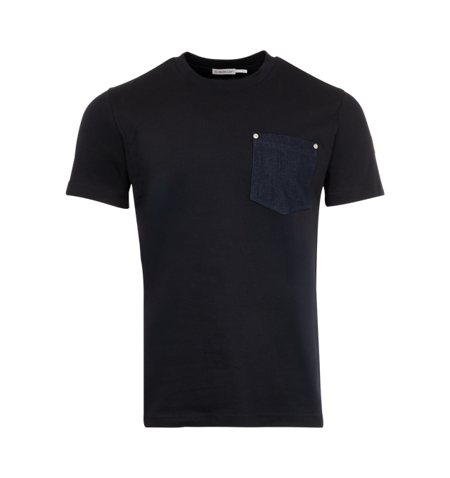 Image 1 of 3 - NAVY - MONCLER Cotton & Denim T-Shirt with Pocket featuring organic cotton jersey, crew neck, short sleeves and denim chest pocket. 100% cotton. Made in Turkey.