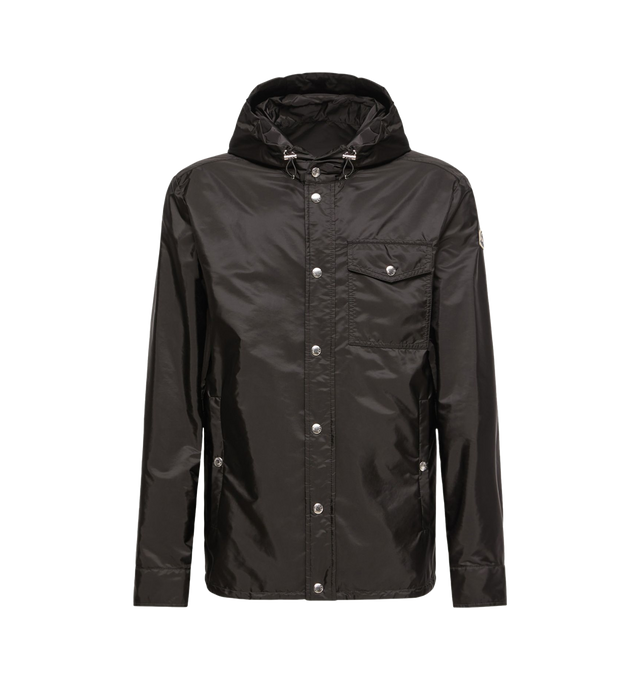 Image 1 of 1 - BLACK - MONCLER Duvainne Hooded Jacket featuring drawstring hood, a zip fastening finished with snap buttons, breast pocket, snap-buttoned side pockets, buttoned cuffs and regular fit. 100% polyamide.