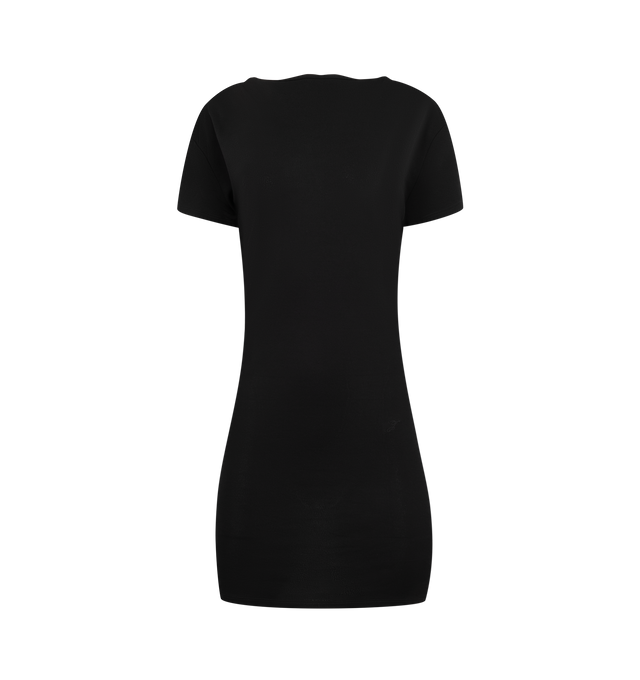 Image 1 of 2 - BLACK - Jacquemus Women's Plunging Back Mini Dress is crafted from fluid viscose jersey and features a fitted mini silhouette, a boat neckline, fitted short sleeves, and a draped open back. Finished with an embroidered "J" logo at the hip, this streamlined design combines clean lines with a distinctive back detail. Main Material: 83% Viscose, 17% Polyamide. Made in Portugal.