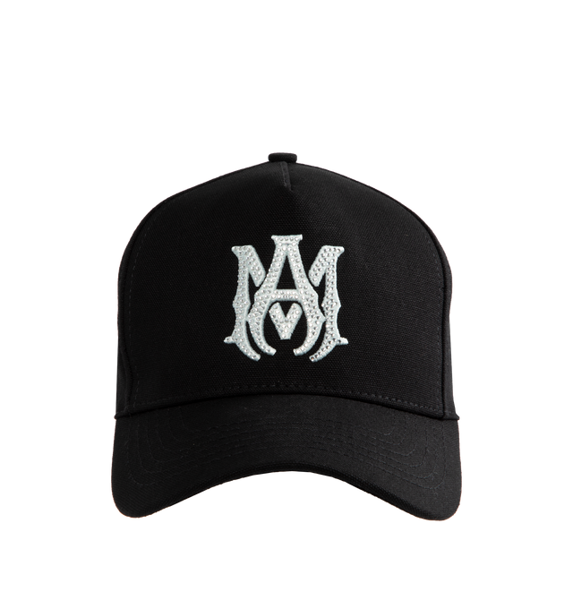 Image 1 of 3 - BLACK - Amiri Crystal Hat has an embroidered design with crystal details, a strap fastening at the back, embroidered eyelets, an internal headband, and a curved peak. 100% cotton. Made in USA.