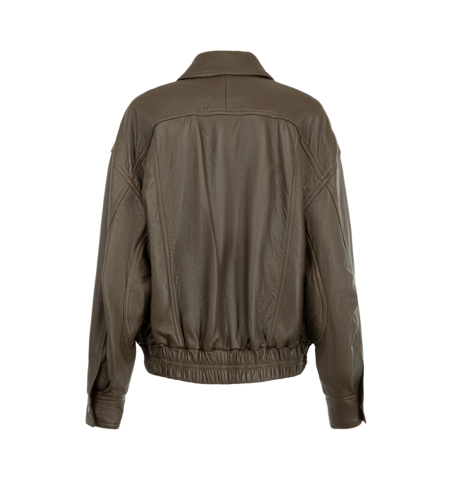Image 3 of 4 - BROWN - Saint Laurent Women's Ranch Lambskin Bomber Jacket is crafted from supple lambskin leather and features a pointed collar, dropped shoulders, and an elasticized waist. A front zip closure with a snap-button storm flap, two front patch pockets, an interior welt pocket, and snap-button cuffs complete the design. Main Material: 100% Lambskin Leather. Lining: Cotton. Made in Italy. This item may be restricted for online purchase to international clients. For assistance purchasing this item