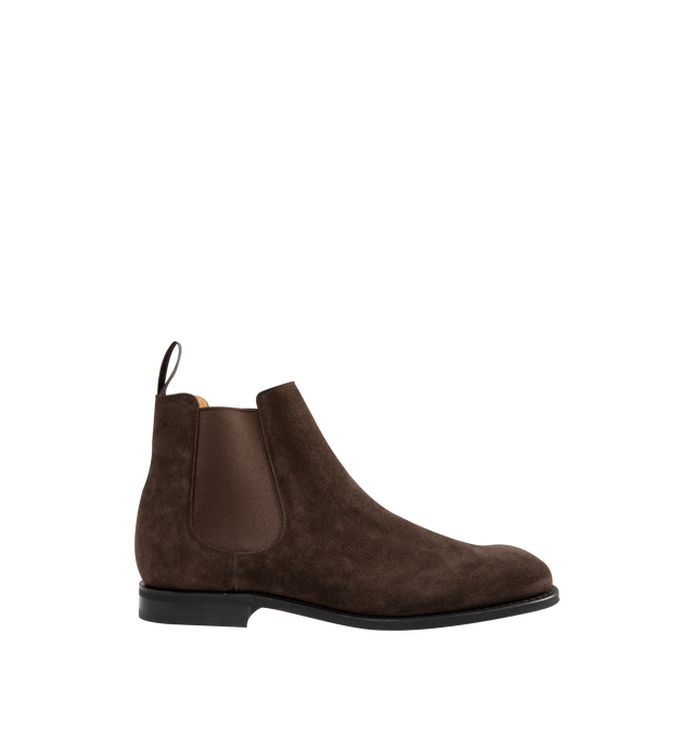 Image 1 of 4 - BROWN - CHURCH'S Amberley 2.0 Deerskin Boot featuring chelsea Boot with side elastic details, deerskin upper, cotton pull-tab at the back, leather lining and footbed and rubber sole with Church's & Co. logo.