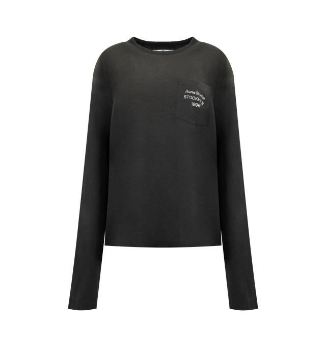 Image 1 of 2 - BLACK - ACNE STUDIOS Logo T-Shirt featuring long-sleeves, crewneck, made from jersey with a slightly irregular surface for a vintage-inspired look, chest pocket with logo artwork and a ribbed neckline. 85% cotton, 15% true hemp.