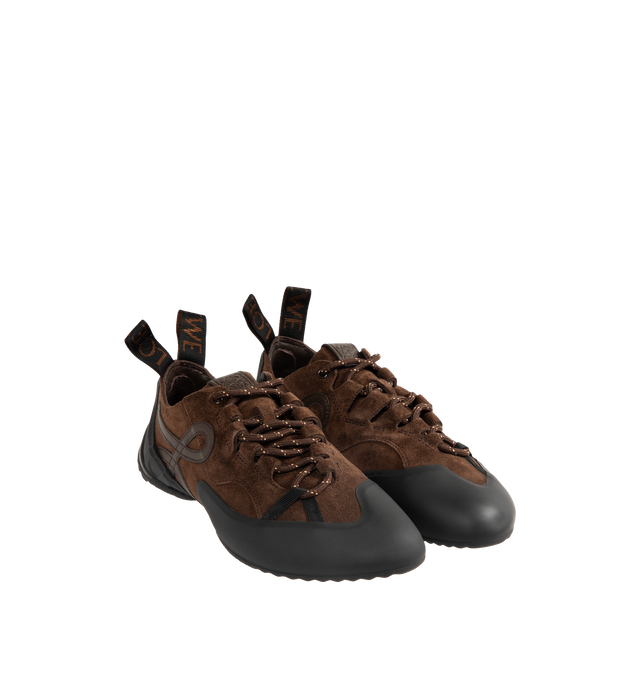 Image 2 of 5 - BROWN - LOEWE Grip sneaker in calfskin suede with contrast moulded TPU parts featuring a distinctive climbing shoe-inspired silhouette, asymmetric toe shape and lacing system, 5mm heel, L monogram on the side, embossed Anagram on the tongue, LOEWE jacquard webbing at the back, padded insock and LOEWE-injected TPU outsole. Calf suede/tpu. Made in Italy.