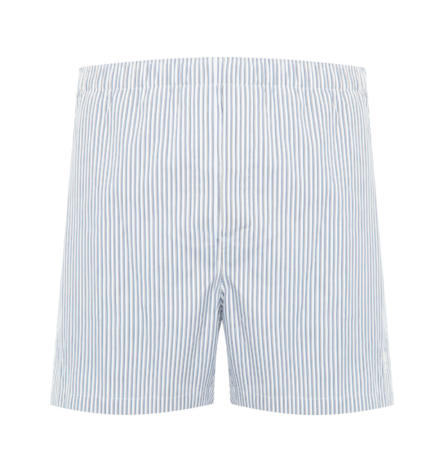 Image 1 of 3 - BLUE - Saint Laurent Mens Shorts are crafted from cotton poplin. Feature a relaxed wide-leg silhouette, elasticized waistband, embroidered Saint Laurent logo, striped pattern, and visible stitched hem. Main Material: 100% Cotton. Made in Italy.