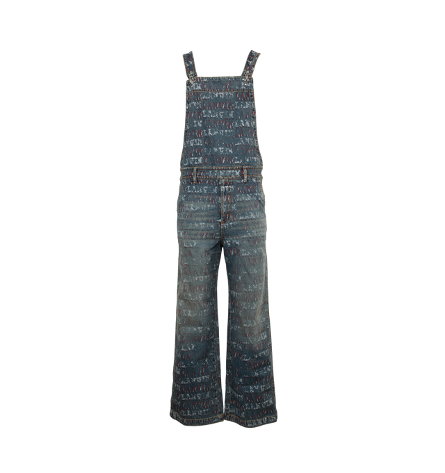 Image 1 of 3 - BLUE - LANVIN LAB X FUTURE LOOSE-FIT PRINTED DENIM JUMPSUIT featuring an exclusive prints inspired by the urban world of the artist FUTURE. This jumpsuit revisits the Lanvin logo in a washed-out motif that covers the entire piece. Loose fitting with belt loops at the waist, two patch pockets in back, square neckline with straps and metal buckle closure. 100% cotton woven fabric and lining.  Made in Italy. 