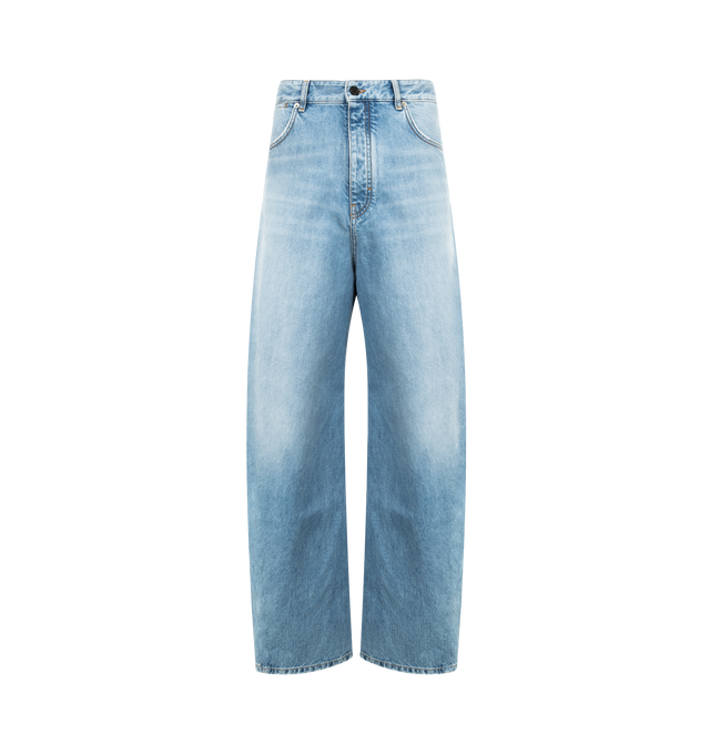 Image 1 of 3 - BLUE - GIVENCHY Couture Seam Pants featuring waist with loops, zipped and button closure, GIVENCHY engraved button, GIVENCHY suede leather patch on the back, three front pockets, two back pockets, bias seams for a cocooning volume and relaxed fit. 100% cotton. Made in Italy.