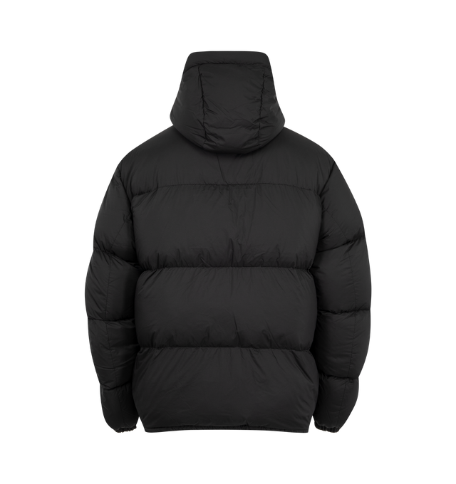 Image 2 of 3 - BLACK - Canada Goose Men's Sterling Puffer Coat is crafted from lightweight plain-weave poly fabric with a smooth matte finish and features a regular-fit silhouette with wide quilted baffles. Designed for cold-weather protection, this down-filled coat is finished with a fixed hood with hidden cord lock, a concealed snap placket over a two-way zip closure, an exposed bottom snap, elasticized cuffs, and an adjustable drawcord hem. Functional storage includes two exterior zippered welt pockets,