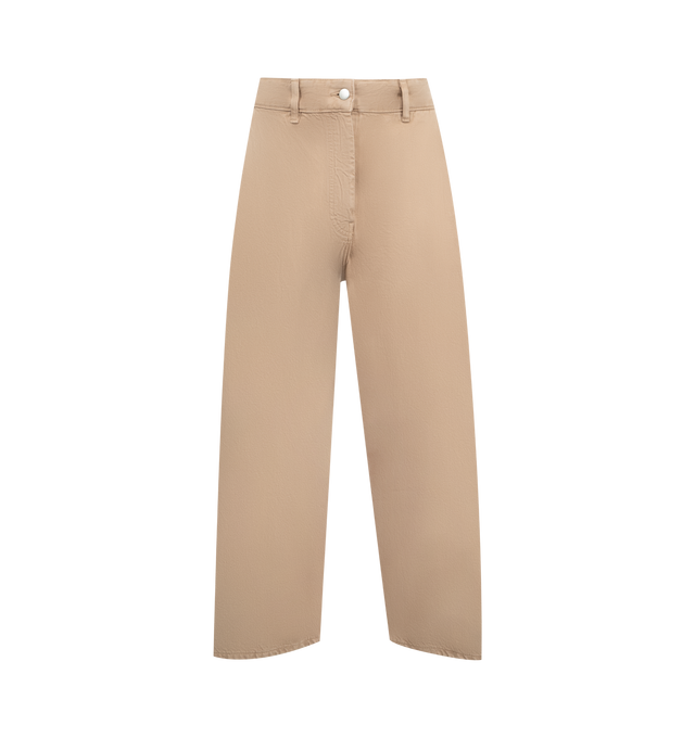 Image 1 of 3 - BROWN - Studio Nicholson Chalco Denim Pants are cut wide and cropped, with a curved leg and dropped crotch, constructed from a recycled denim thats been garment dyed for a soft, easy-wearing finish. Featuring button waist, belt loops, side slash pockets and back patch pockets. 71% Cotton, 16% Reused Cotton, 13% Recycled Polyester.