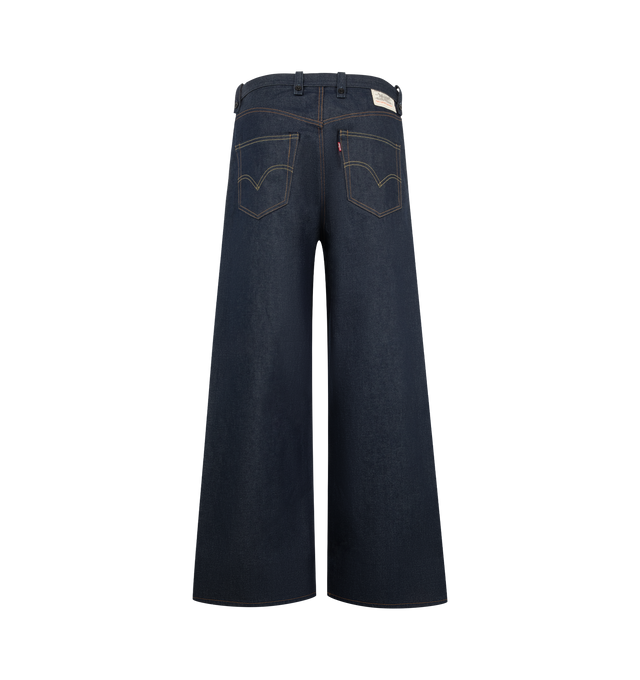 Image 3 of 8 - BLUE - Sacai X Levi's Men's Belted Wide leg pants are crafted from a medium-dark wash cotton denim and feature a high-rise waist, wide-leg silhouette, a buckled belt, signature Levi back-pocket design, and utility-inspired patch pockets. Main Material: 100% Cotton. Made in Japan.