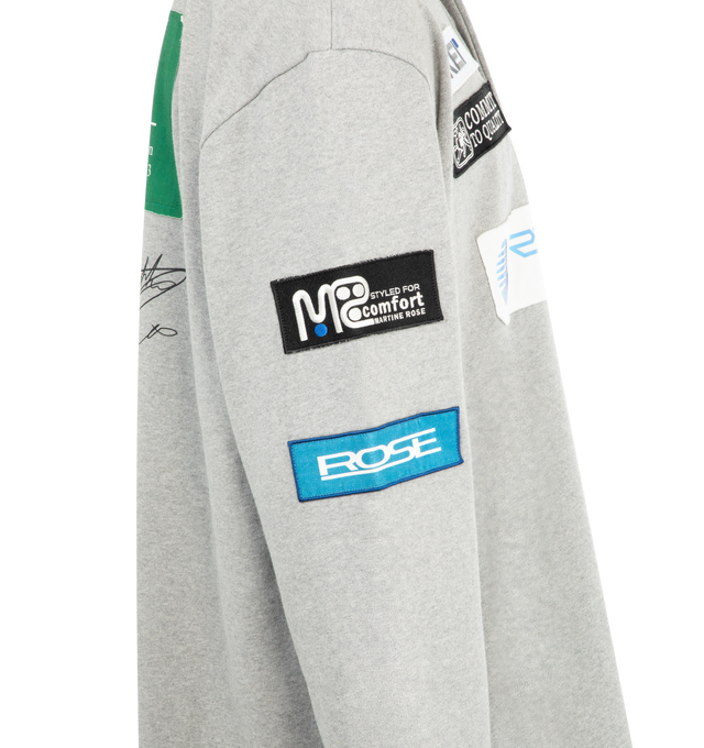 Image 3 of 4 - GREY - MARTINE ROSE Rugby Polo featuring cotton jersey, text and logo patches throughout, denim spread collar, concealed three-button placket, vented side seams, rib-knit cuffs and logo printed at back. 100% cotton. Made in Portugal.