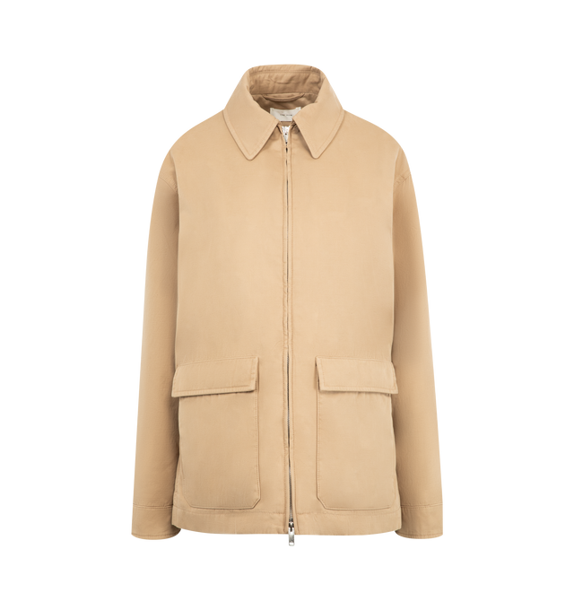 Image 1 of 3 - BROWN - THE ROW Aurelius Jacket featuring collared jacket in cotton and cashmere gabardine with buckled straps at side waist, front patch pockets, two-way front zip closure and interior zipped welt pockets. 95% cotton, 5% cashmere. Lined in 100% cotton. Made in Italy.