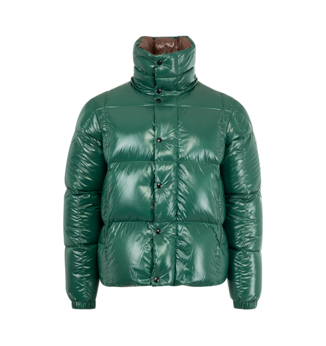 Image 2 of 4 - GREEN - MONCLER Parana Hooded Short Down Jacket featuring nylon laqu lining, down-filled, detachable and adjustable hood, zipper and snap button closure, zipped pockets and hem with drawstring fastening. 100% polyamide/nylon. Padding: 90% down, 10% feather. Made in Romania.