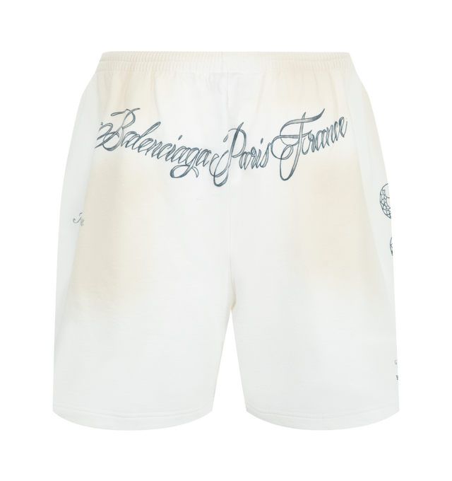 Image 2 of 4 - WHITE - BALENCIAGA Shorts featuring dry fleece, elasticated waistband, 2 slash pockets, distressed and printed graphics throughout. 100% cotton. Made in Portugal.