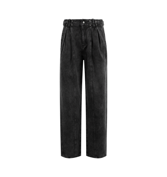 Image 1 of 3 - BLACK - ISABEL MARANT Ireme Pant featuring cotton denim workwear pants, fitted waistband with belt loops, button tabs, and rivets, zippered and snap-buttoned, pockets on the sides and buttoned patch pockets in back and wide pleated legs. 100% cotton.