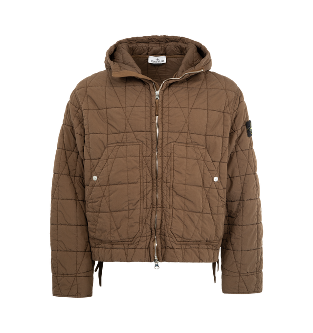 Image 1 of 3 - BROWN - STONE ISLAND Quilted Short Parka featuring padded hood, angled patch hand pockets with snap closure, Stone Island badge at the left sleeve, adjustable cuffs with snap, side tape adjusters at hem and two-way zip fastening. Organic cotton and recycled nylon.