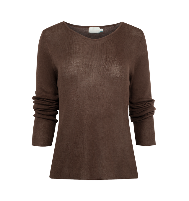 Image 1 of 2 - BROWN - DEIJI STUDIOS Knit Top with sculptural seam detailing, featuring exposed bind finishes at neckline, hem and cuffs. designed with a soft wide v neckline, slim sleeve and regular length. 100% ecoviscose.