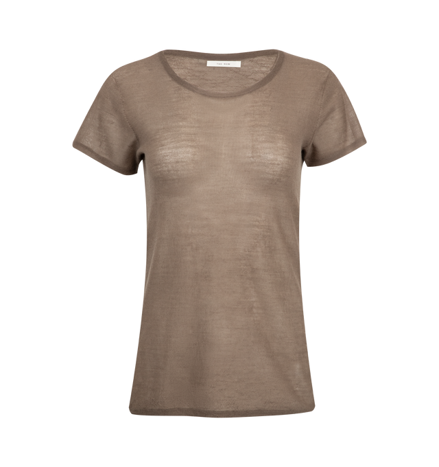 Image 1 of 2 - BROWN - THE ROW Keyla Top featuring relaxed t-shirt in ultrafine textured cashmere with rounded neckline, cap sleeves, and slim fit. 100% cashmere. Made in Italy.