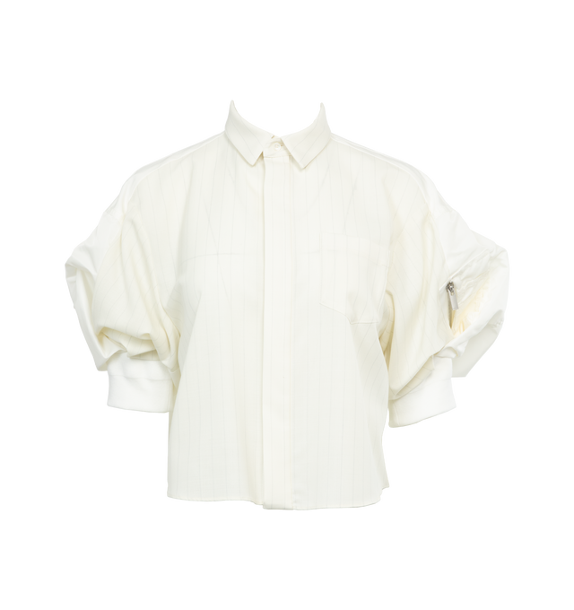Image 1 of 3 - WHITE - SACAI Chalk Striped Shirt featuring spread collar, button closure, patch pocket, gathering at sleeves and two-button barrel cuffs. 100% cotton. Made in Japan. 