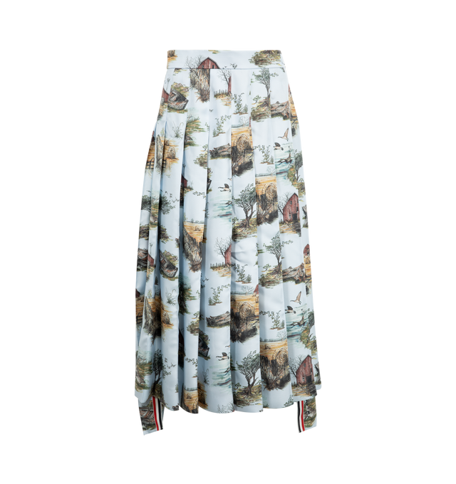Image 1 of 2 - BLUE - THOM BROWNE Classic Pleated Skirt with Scenic Toile Small Print on Silk Twill featuring side zip closure, dropped back hem with signature striped grosgrain trim and signature striped grosgrain loop tab. 100% silk. Made in Italy.