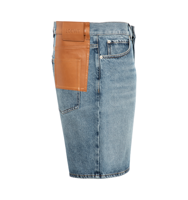 Image 3 of 3 - BLUE - LOEWE Denim Short featuring regular fit, regular length, mid waist, concealed button fly, five pocket style and LOEWE embossed leather patch placed at the back. 100% cotton. Made in Italy.