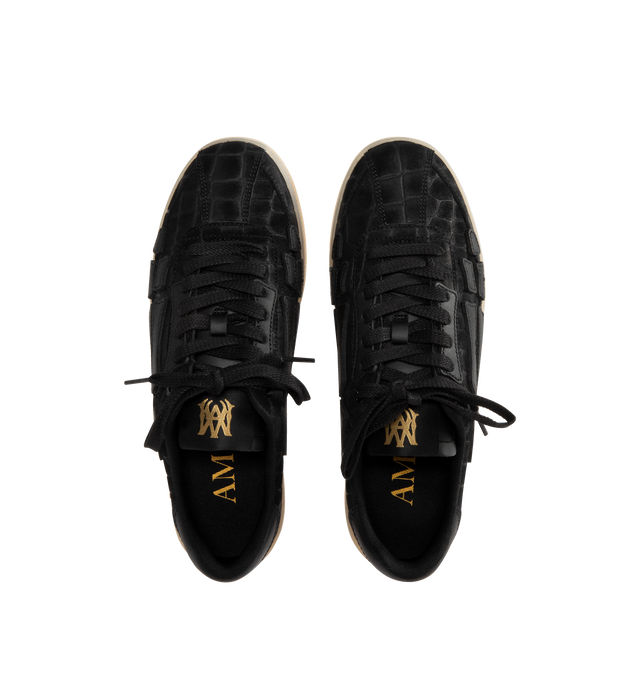 Image 5 of 5 - BLACK - AMIRI Croc Debossed Pacific Bones Sneaker featuring croc-debossed suede, low-profile, leather bone appliqus, MA icon-patterned rubber sole, suede upper, lace closure, branded tongue label and embossed branding.