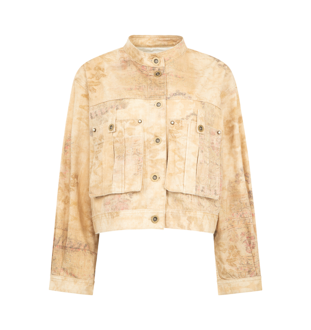 Image 1 of 3 - BROWN - ISABEL MARANT Cyndel Jacket featuring lightweight cotton denim jacket with washed mandala print, straight cut, slightly raised collar, vintage bronze metal buttons, dropped shoulders with wide armholes, long sleeves, cuffs with a vintage bronze metal button, front gusset pockets with buttoned flaps, adjustable button tabs on the waist and leather label in back with an embossed "Isabel Marant" logo. 100% cotton.