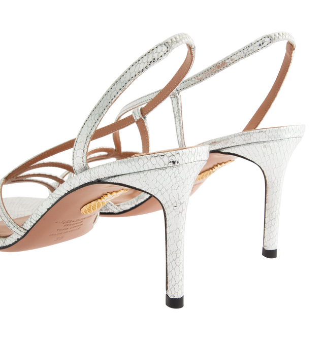 Image 3 of 4 - SILVER - AQUAZZURA Talk To Me Sandal 75 featuring slingback strap, stiletto heel, leather insole and signature logo detailing. Leather. 75 mm. Made in Italy.