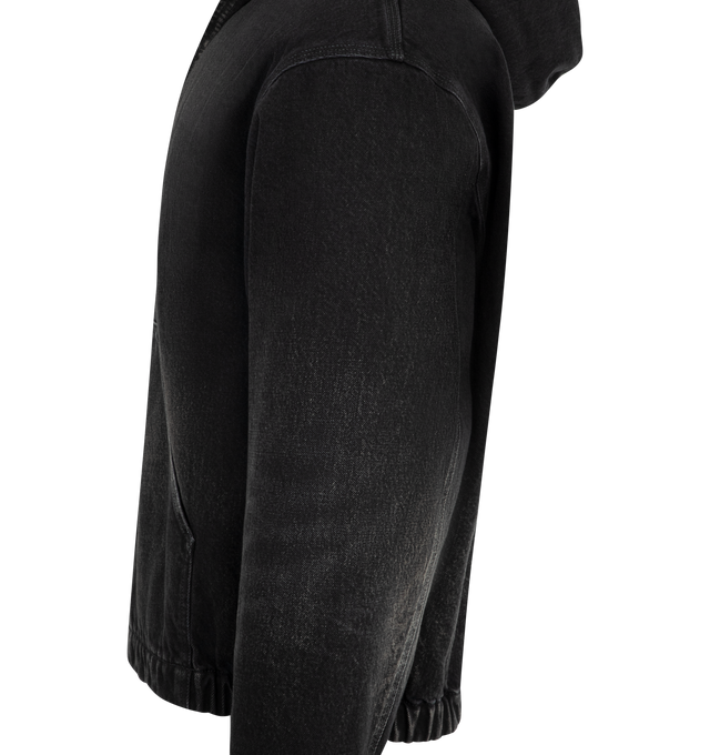 Image 3 of 3 - BLACK - SEEKINGS Hooded Denim Worker's Jacket feauring boxy oversized fit, zip front closure, kangaroo pocket at front and elastic cuff and hem. 100% cotton. 100% olyester lining.