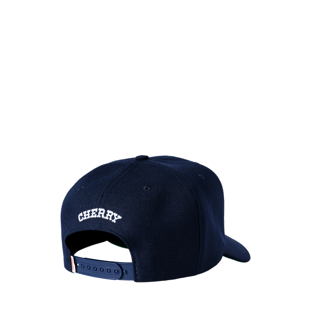 Image 2 of 6 - NAVY - Cherry LA Wool 5 Panel Hat is crafted from polyester and features a classic six-panel silhouette with embroidered detailing at the front and back. Designed with a branded flag tab at the back and an adjustable plastic snap closure, this everyday cap combines clean styling with signature Cherry LA branding.