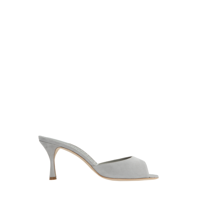 Image 1 of 4 - GREY - MANOLO BLAHNIK Jada Mules featuring almond-shaped open toes, suede, slip on, textile logo patch at padded footbed, grained goatskin lining, covered heel with rubber injection and leather sole. 70MM. Upper: leather. Sole: leather. Made in Italy. 