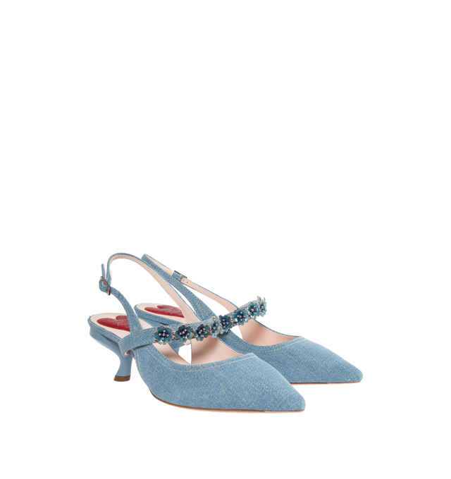 Image 2 of 4 - BLUE - ROGER VIVIER Virgule Flower Slingback Denim Pumps featuring flower accent, pointed toe and slingback adjustable ankle strap. 2.25in heel. Lining: Leather. Leather outsole. Made in Italy. 