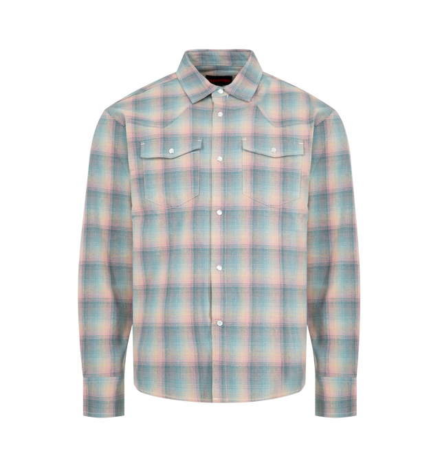 Image 1 of 2 - MULTI - PLEASURES Sender Western Button Up featuring a western-inspired silhouette, lightweight woven construction, relaxed fit with western-style yoke detailing, full-button front closure, point collar, front chest pockets and curved hem. 100% cotton flannel.