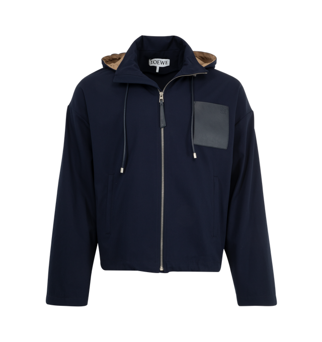 Image 1 of 4 - NAVY - LOEWE Hooded Jacket in lightweight compact cotton twill featuring a removable hooded collar, adjustable hem, relaxed fit, regular length, concealed rib knit cuffs, leather chest patch pocket, zipped welt pockets and unlined. Cotton. Made in Italy.