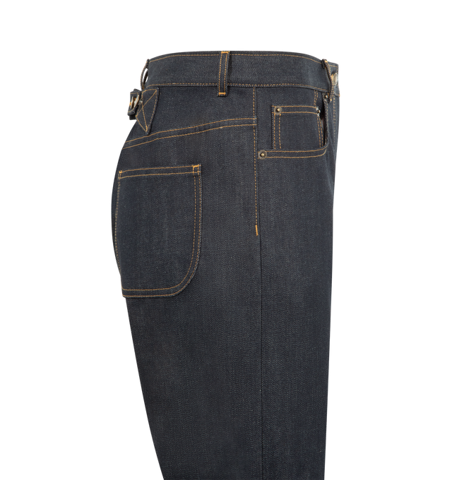 Image 3 of 3 - NAVY - THOM BROWNE Selvedge Denim 5 Pocket Pant featuring button fly closure, 5-pocket style, adjustable buttoned backstrap, selvedge detail visible at inner cuffs and signature striped grosgrain loop tab. 100% cotton. Made in Japan.
