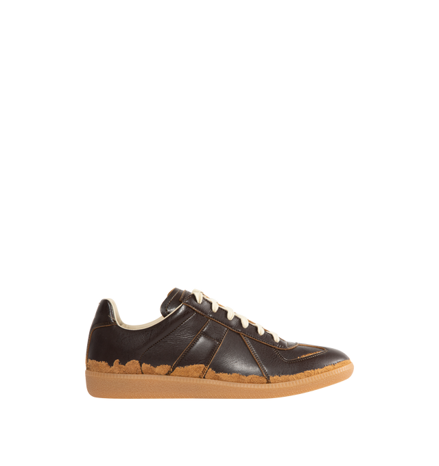 Image 1 of 5 - BROWN - MAISON MARGIELA Replica Sneakers featuring low-top sneakers with distressed contrast overlays, numeric signature tongue, rubber sole with a classic gum finish and white stitching at the back. Upper: 54% Polyamide-Nylon, 46% Polyurethane. Lining: 100% Cotton. Inside: 100% Calf Leather. Made in Italy.