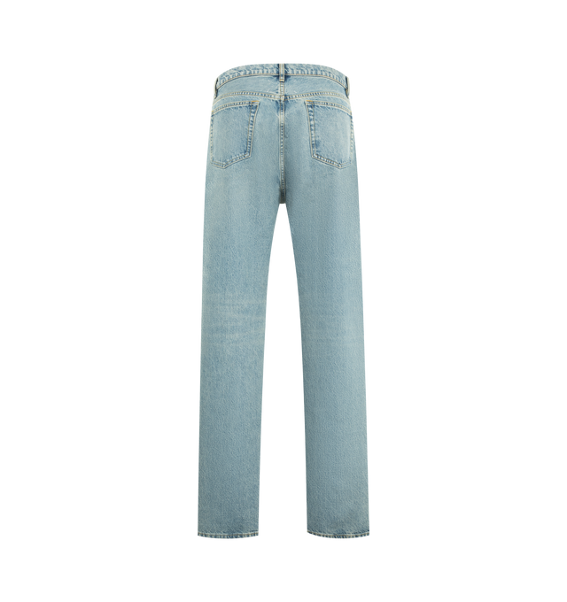 Image 2 of 3 - BLUE - MAISON MARGIELA Taped Straight-leg Jeans featuring full-length, straight-leg, paint-effect detail on front, button and zip closure and four stitches at the back. 100% cotton. Made in Italy.