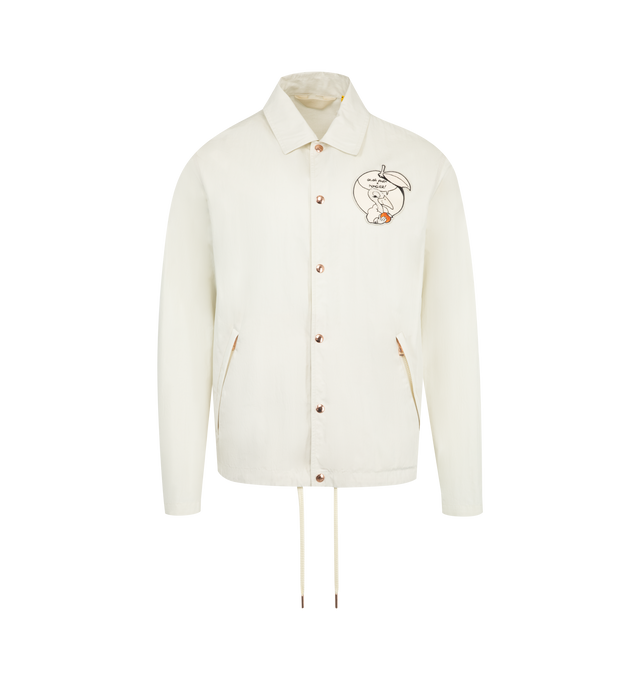Image 1 of 3 - WHITE - Moncler x Gilga Farm Designed by Donald Glover Satsuma Shirt Jacket featuring cotton and nylon canvas, collar, zipped pockets, hem with adjustable drawstring fastening and embroidered cartoon and logo patches. 66% cotton, 34% polyamide/nylon. Made in Romania.