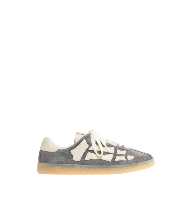 Image 1 of 5 - GREY - AMIRI Pacific Bones Sneakers in suede featuring low-top, signature bone appliqus on the sides, flat heel, round T-toe, lace-up vamp, woven MA tongue label, backstay logo and rubber outsole.