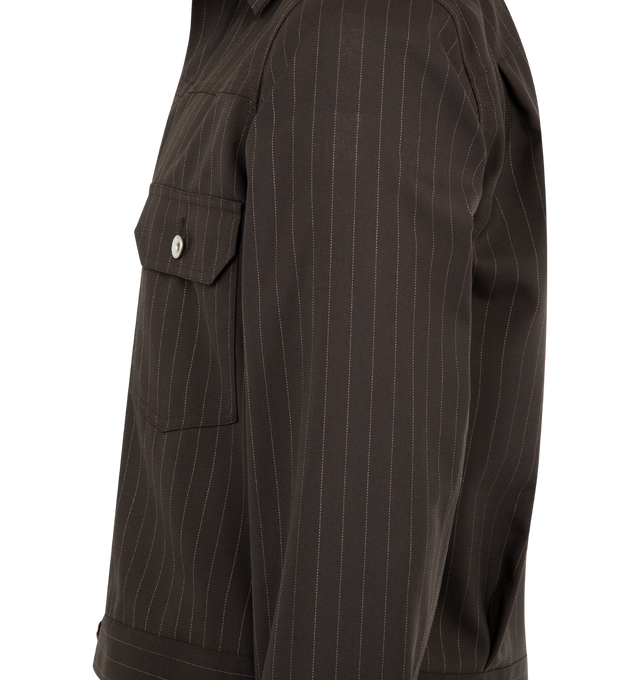 Image 3 of 3 - BROWN - SACAI Chalk Stripe Jacket featuring button front closure, collar, button flap front pockets, buttoned cuffs, adjustable waist tabs and stripes throughout.