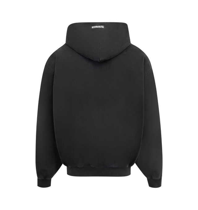 Image 2 of 2 - BLACK - VETEMENTS Iconic Logo Zip-Up Hoodie featuring french terry hoodie, drawstring at hood, logo embroidered at hood and chest, zip closure, patch pockets at front, rib-knit hem and cuffs and dropped shoulders. 100% cotton. Made in Portugal.