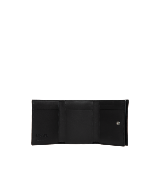Image 3 of 4 - BLACK - LOEWE Trifold Wallet featuring debossed LOEWE Anagram patch, snap button closure, six card slots and large pocket for notes, coin compartment and calfskin lining. Satin Calf. 3.1 x 4 x 1.5 inches. Made in Spain. 