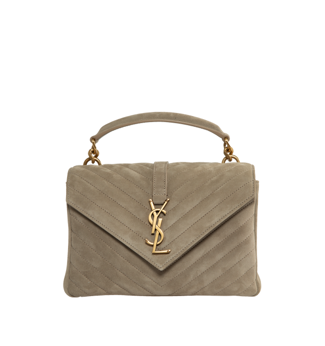 Image 1 of 3 - BROWN - SAINT LAURENT College Medium Chain Bag in quilted suede featuring light bronze toned metal hardware. Handle drop: 6cm. Shoulder strap drop: 55cm. Dimensions: 9.4 X 6.6 X 2.5 inches. 100% calfskin. Made in Italy. 