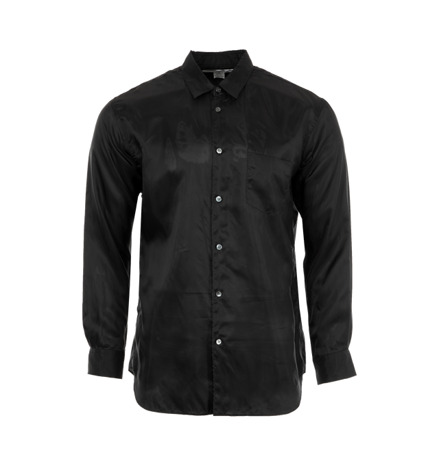 Image 1 of 3 - BLACK - Comme des Garons Shirt satin finish long-sleeved buttoned shirt featuring chest patch pocket, classic collar, front button fastening, long sleeves, buttoned cuffs, and curved hem. 100% Cupra. Made in France.
