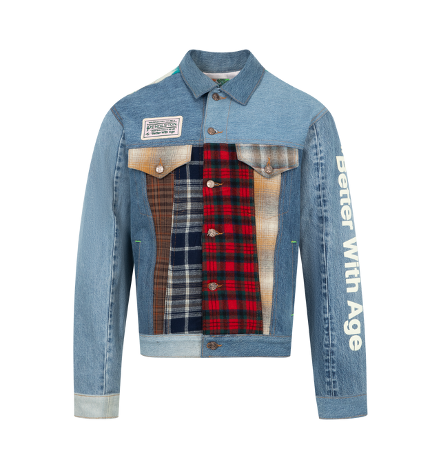Image 1 of 3 - MULTI - Better With Age X Pendelton mixed media denim jacket with button-fly, 5-pocket front closure, snap pockets, Pendelton chest patch and "Better With Age" print on the sleeve. This collection is made in the USA using fabric from vintage Pendelton flannel and scraps and seconds from the Pendelton factory in Pendelton, OR.
