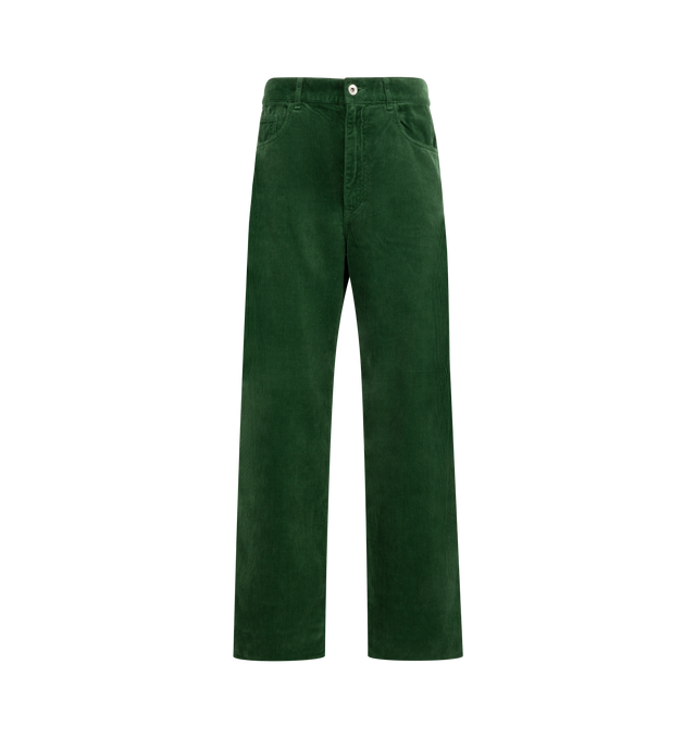 Image 1 of 3 - GREEN - AURALEE Pigment Dye Finx Corduroy Wide 5P Pant featuring 5 pocket style, button zip closure, corduroy, relaxed fit and belt loops. 100% cotton.