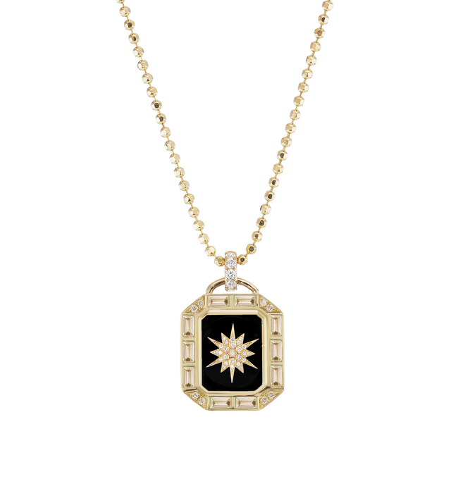 Image 1 of 1 - GOLD - SORELLINA Le Stelle Mini Tarot Necklace featuring 18k yellow gold necklace, a star motif on a 1.89 cttw black onyx background with 0.90 cttw sapphires, and 0.04 cttw G-H/SI diamonds on an 18 inch chain. 14 mm x 16 mm.
